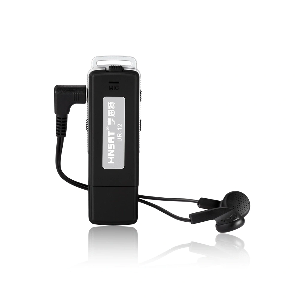 the usb mini pocket  voice recorder with earphone jack used as MP3 player with recording activated
